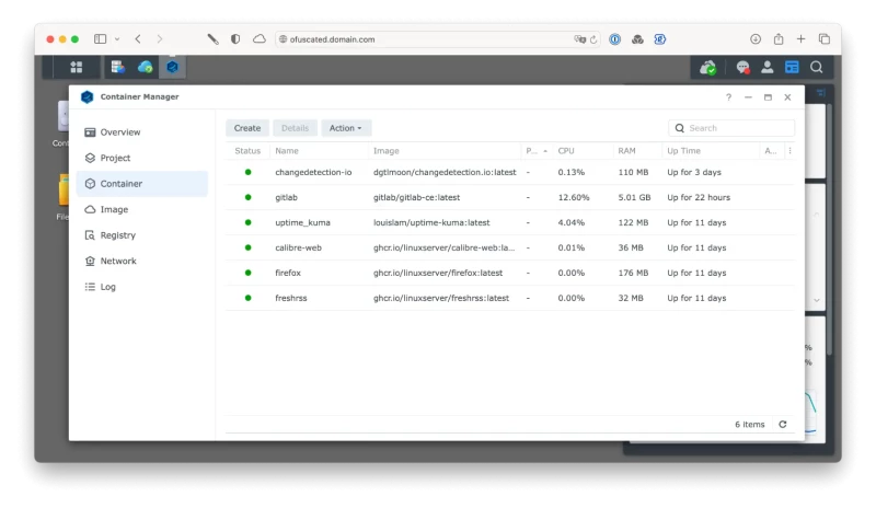 Screenshot showing my Docker containers on my Synology