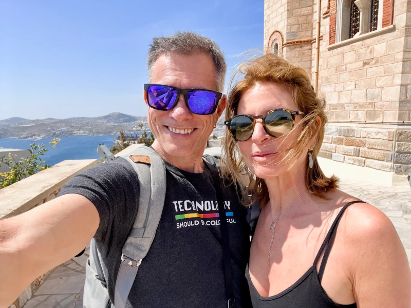 A smiling selfie of both of us in the heights of Ermoupoli
