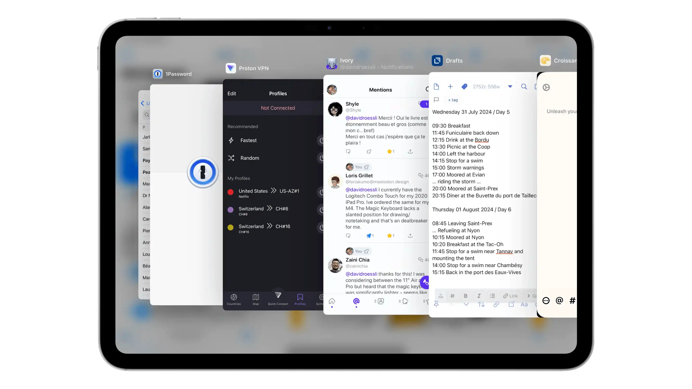 A screenshot of iPadOS 18 Slide Over apps fanned out framed in an iPad 11"