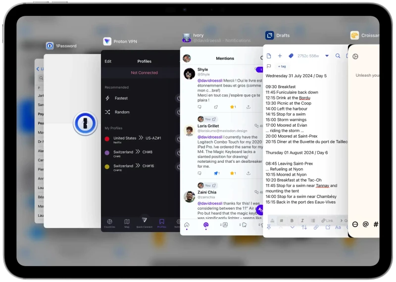 iPad screenshot showing iPadOS 18 Slide Over stacked apps