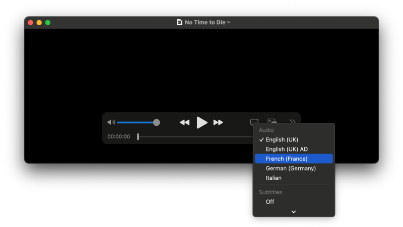 List of languages available in the downloaded movie. French is available.