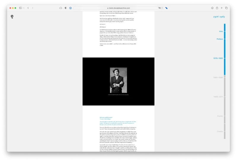 Zoomed out view of the book's sections when clicking of the right hand side timeline