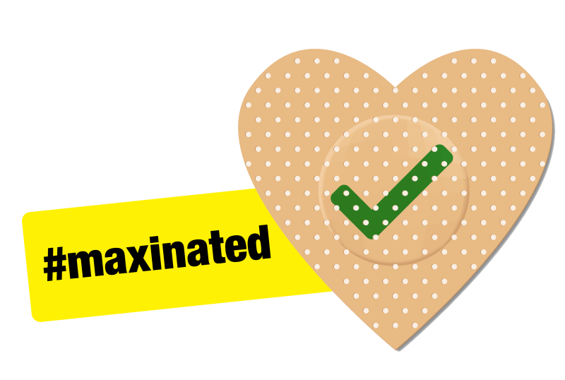 A plaster shaped as a heart with a green check mark and the hashtag maxinated