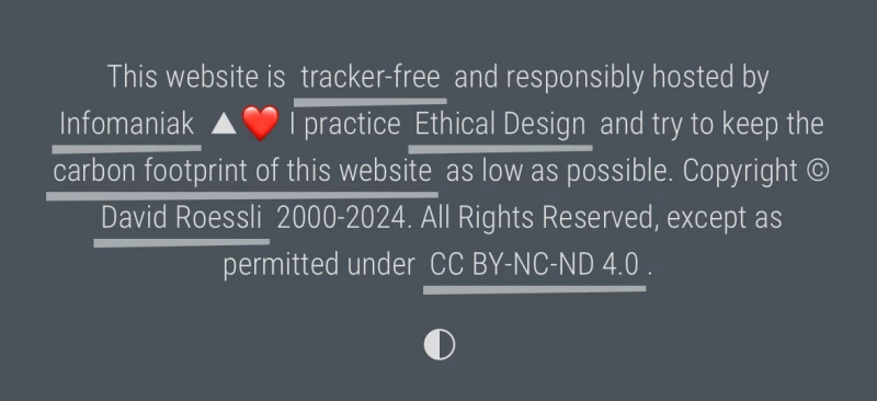 Screenshot of the fotter of the website with an icon representing a half-darken circle