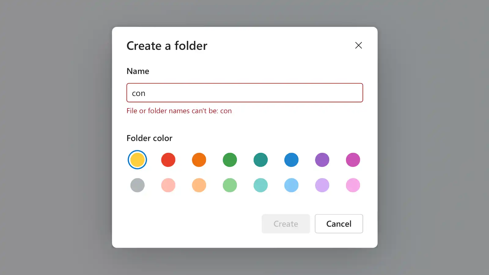 Office online create directory dialog box: file of folder can't be: 'con'