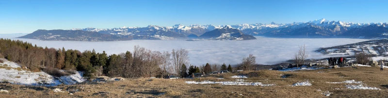 Looking south to towards the Alps from the top of the Salève. It feels like we are surrounded by a sea of clouds. An island in the sun.