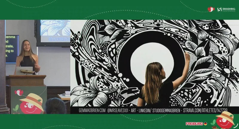 Gemma's intro slide with her contact details beneath a stunning black and white floral mural