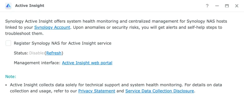 Active Insights settings (unregistered NAS)